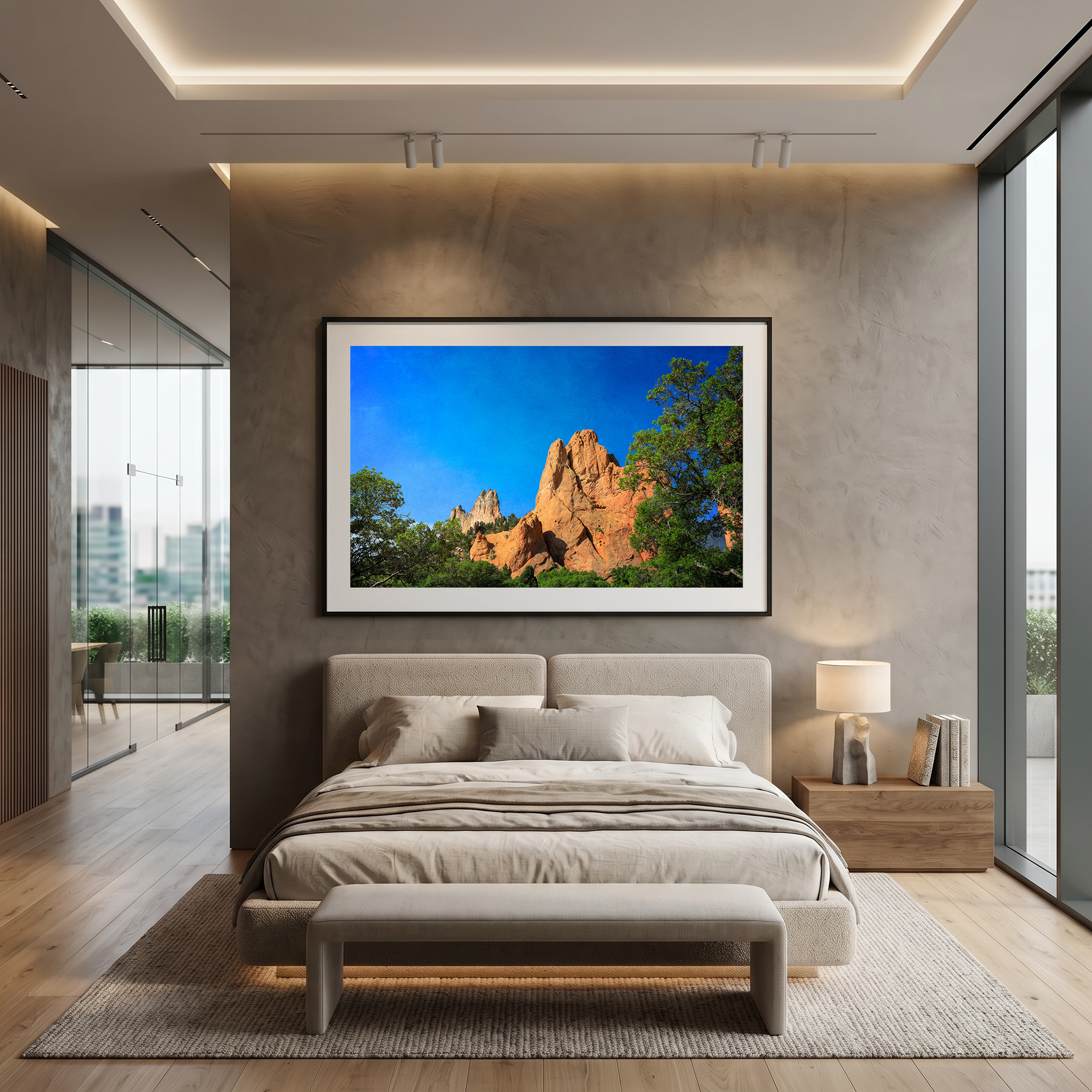 Modern bedroom with vibrant Garden of the Gods landscape by Dan Sproul — black frame white mat